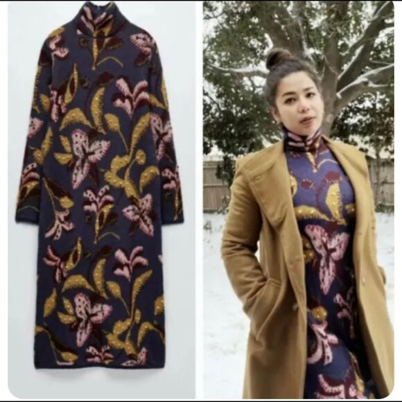 Zara Navy and Pink Floral Maxi Dress - Picture 2 of 12